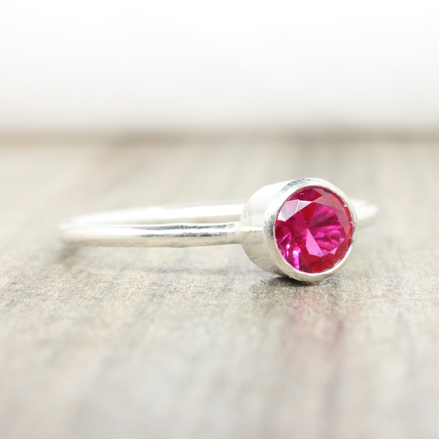 Sterling Silver Lab Ruby Stacking Ring // 5mm Faceted Gemstone July Birthstone Stackable Ring