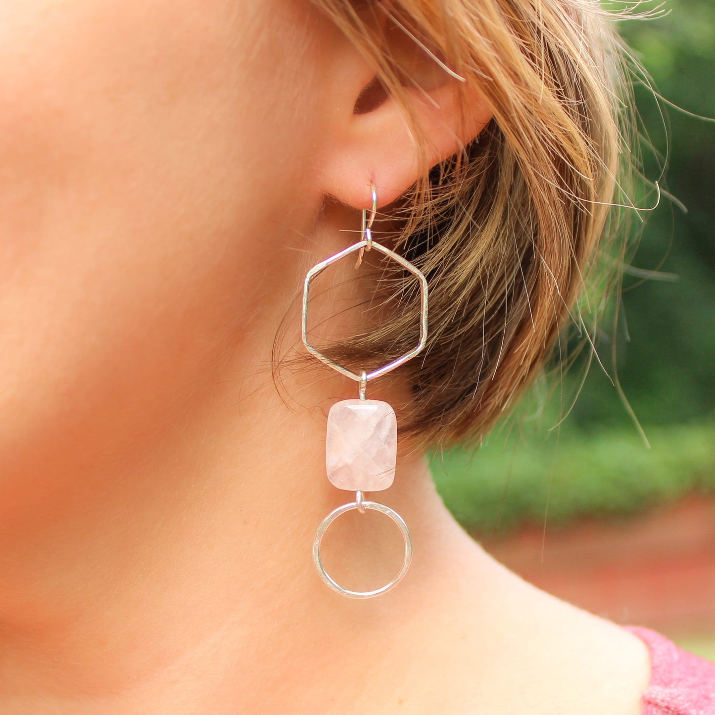 Sterling Silver Rose Quartz Statement Earrings // Long Geometric Minimalist Dangle Earrings
