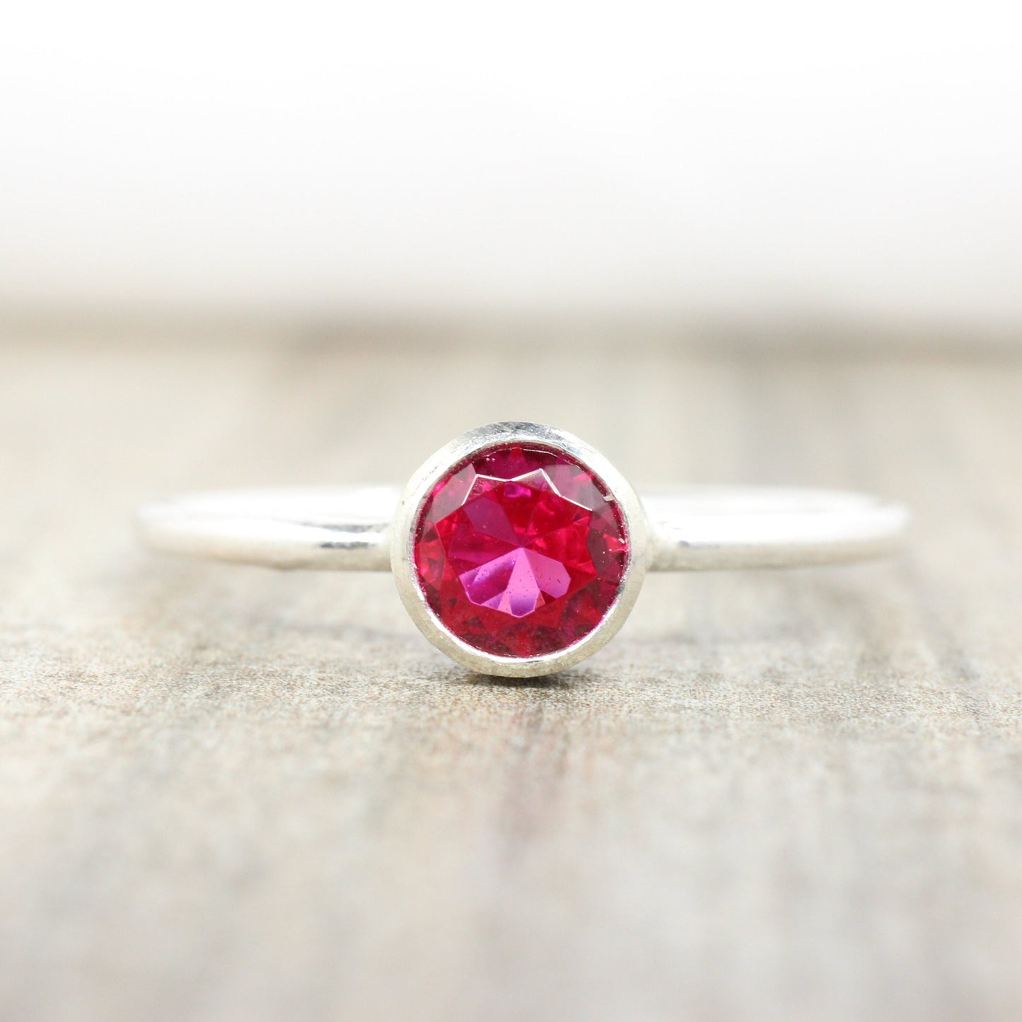 Sterling Silver Lab Ruby Stacking Ring // 5mm Faceted Gemstone July Birthstone Stackable Ring