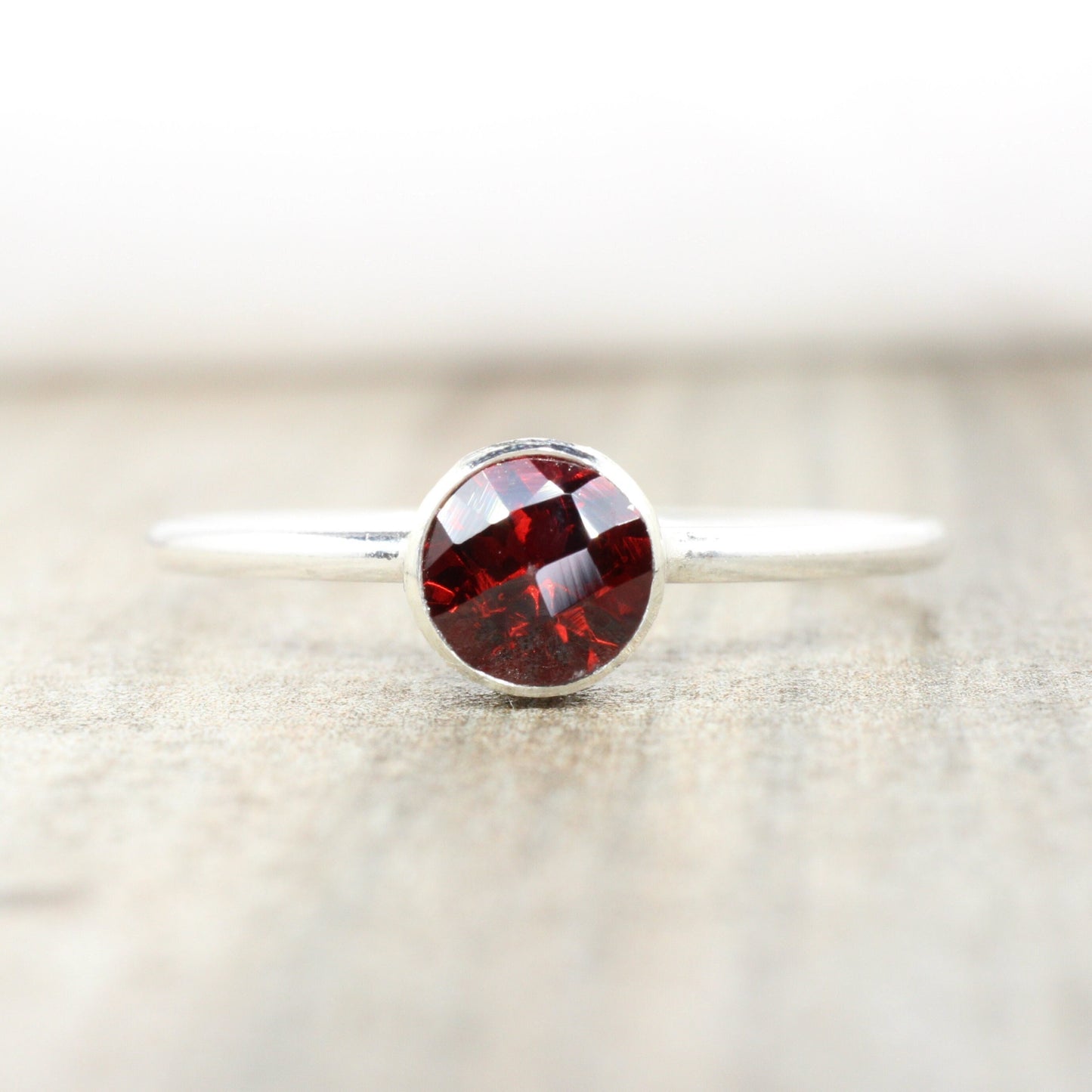 Sterling Silver Garnet Stacking Ring // 5mm Faceted Gemstone January Birthstone Stackable Ring