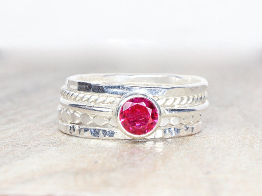 Lab Ruby Stacking Ring Set in Sterling Silver // 5mm Faceted Gemstone July Birthstone