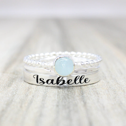 Birthstone Name Ring Set -  Sterling Silver Gemstone Ring Set - Set of 3 Gemstone and Engraved Ring Aquamarine Gift for Mom // Mother's Day 4