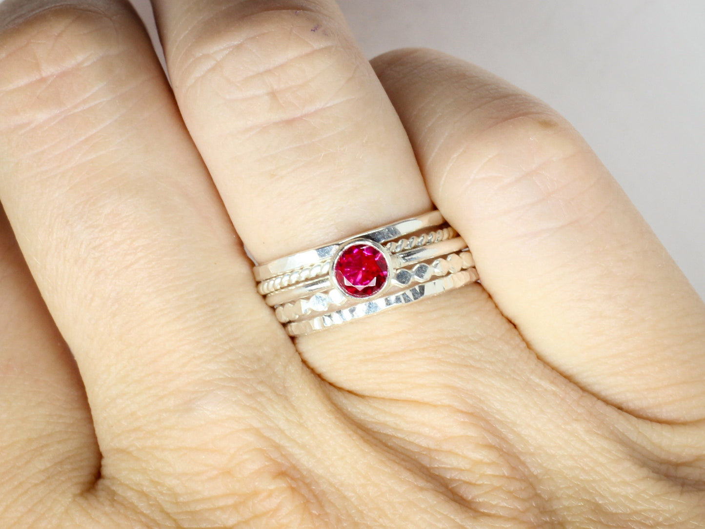 Lab Ruby Stacking Ring Set in Sterling Silver // 5mm Faceted Gemstone July Birthstone
